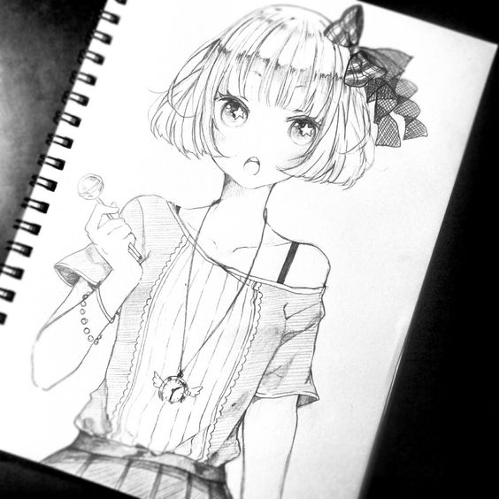 ✮ ANIME ART ✮ anime girl. . .short hair. . .hair bow. . .necklace. . .jewelry. . .cute fashion. . .lollipop. . .pencil drawing. . .sketch. . .graphite. . .cute. . .kawaii
