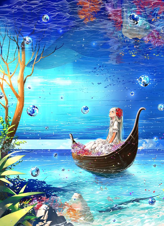 ✮ ANIME ART ✮ anime scenery. . .underwater. . .boat. . .trees. . .nature. . .bubbles. . .anime girl. . .reflections. . .colorful. . .fantasy. . .illusion. . .kawaii