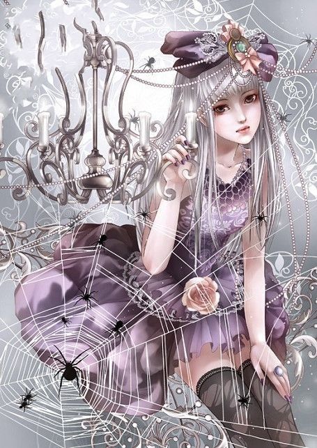 ✮ ANIME ART ✮ gothic. . .dress. . .roses. .. hat. . .chandelier. . .silver hair. . .spiderweb. . .spiders. . .elegant. . .kawaii