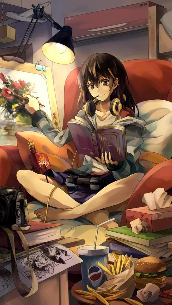 Anime art, pocky, gamer girl, book, headphone, drawing, painting