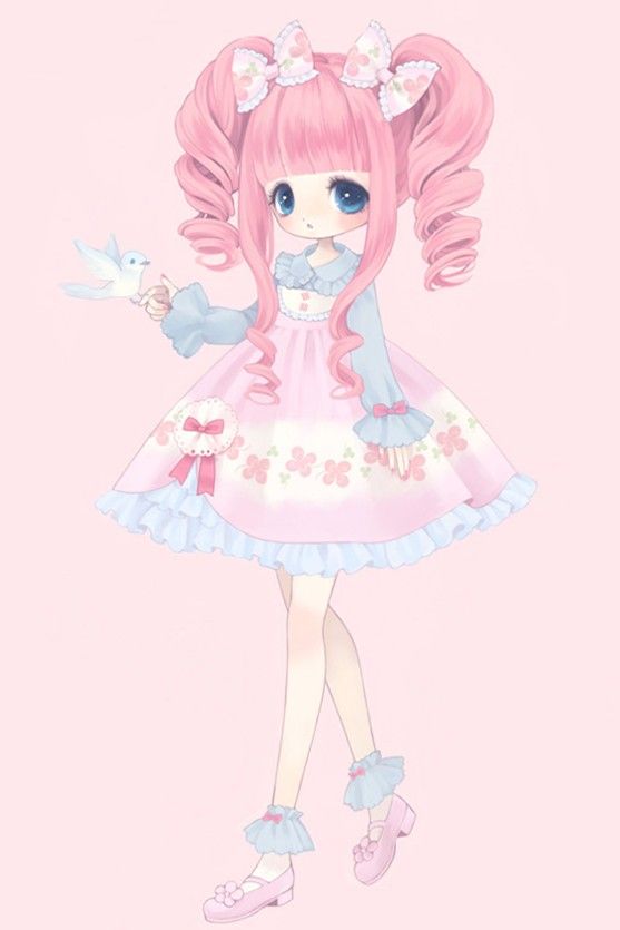 ✮ ANIME ART ✮ sweet lolita. . .pink hair. . .twin tails. . .pastel. . .bows. . .bird. . .cute. . .kawaii