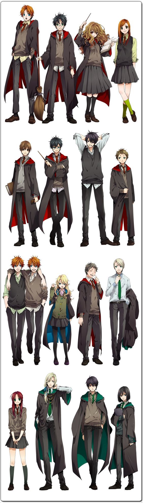 Anime Harry Potter! | Row 1: Ron, Harry, Hermonie and Ginny | Row 2: Remus Lupin, James Potter, Sirius Black and Pettigrew| Row 3: Fred & George, Luna, Neville and Draco | Row 4: Lily Evans, Lucius Malfoy, Regulus Black and Snape