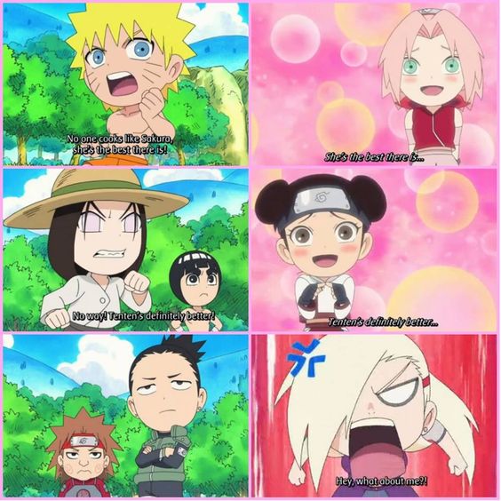 Anime/manga: Naruto (Shippuden) Rock Lee and his Friends Characters: Naruto, sakura, Neji, Lee, Tenten, Choji, Shikamaru, and Ino, poor 