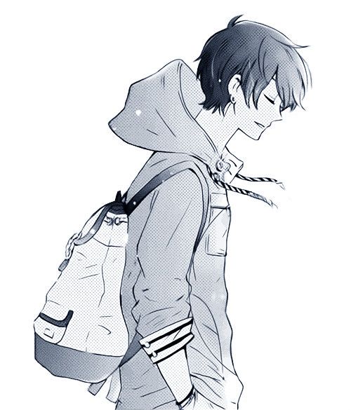 Another black and white image of a male anime/manga character. This one shows a side profile of the boy's  The jacket/hoodie is interesting, and since the lines are clean, could prove useful in future drawing endeavors. :)