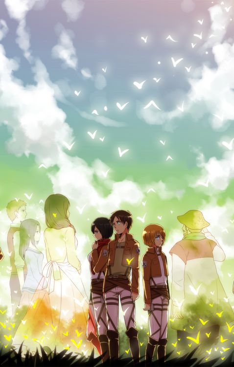 Attack on Titan characters, surrounded by the ghosts/echoes/memories of their loved ones. Why would someone post this? :( It's beautiful, but sad.