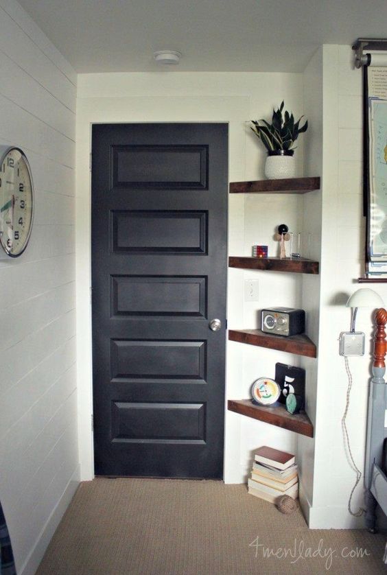Awkward small corner? Use floating corner shelves to create more storage in a small space