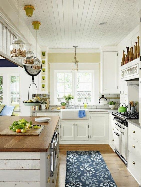 Bead board ceiling, white cupboards, white  I want a market scale in my kitchen for fresh fruit & veggies! And I love the 