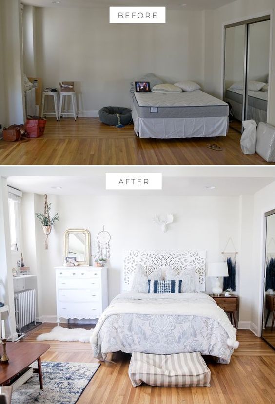 bedroom before and after, bedroom makeover, boho bedroom, bohemian bedroom, light and bright home decor, apartment decor, urban outfitters headboard, anthropologie bedding, white dresser, white bedroom, west elm side table
