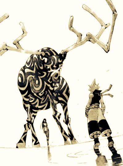 Black Star and Tsubaki, sometimes it is awkward meeting the family. Will of Nakatsukasa in the Uncanny Sword, taking on the form of a giant black and white deer.