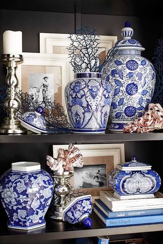 Blue and white temple jars like these little gems from Pier 1 have been a staple of designers since designers have had staples. Crafted of fine ceramic and hand-painted in the traditional Ming Dynasty style, this look is a timeless classic