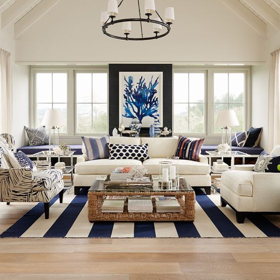 blue + white coastal living room