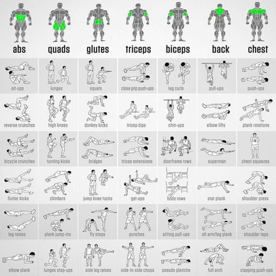 Bodyweight Exercises Chart - Full Body Workout Plan. Bodybuilding & Fitness Motivation + Inspiration.