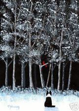 BORDER COLLIE Dog Winter Forest Snow Bird Folk Art PRINT Todd Young SEASON WISH