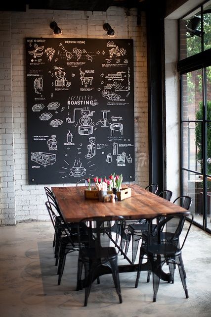 Chalkboard painted walls/canvases/ panels, are not only practical but also an inexpensive solution to create a dramatic effect in kitchens and dining rooms. Add reclaimed aged wood tables, industrial-style chairs and lighting and give your dining room a stylish makeover.