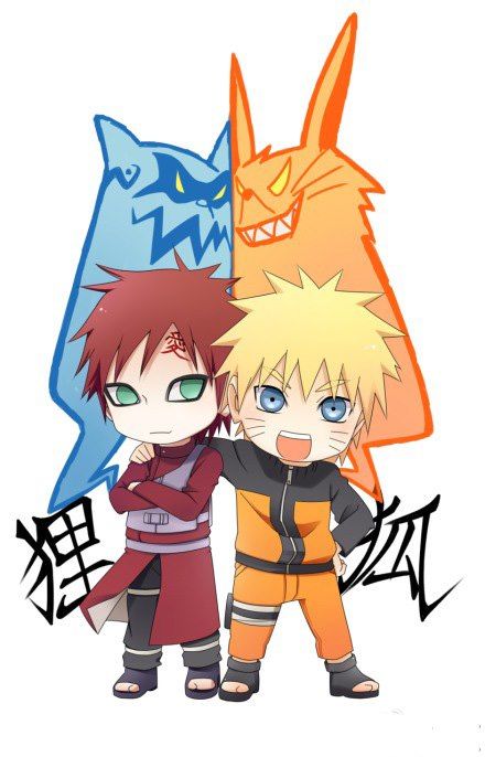 Chibi Gaara and Naruto with their arguing demons. It's adorable!