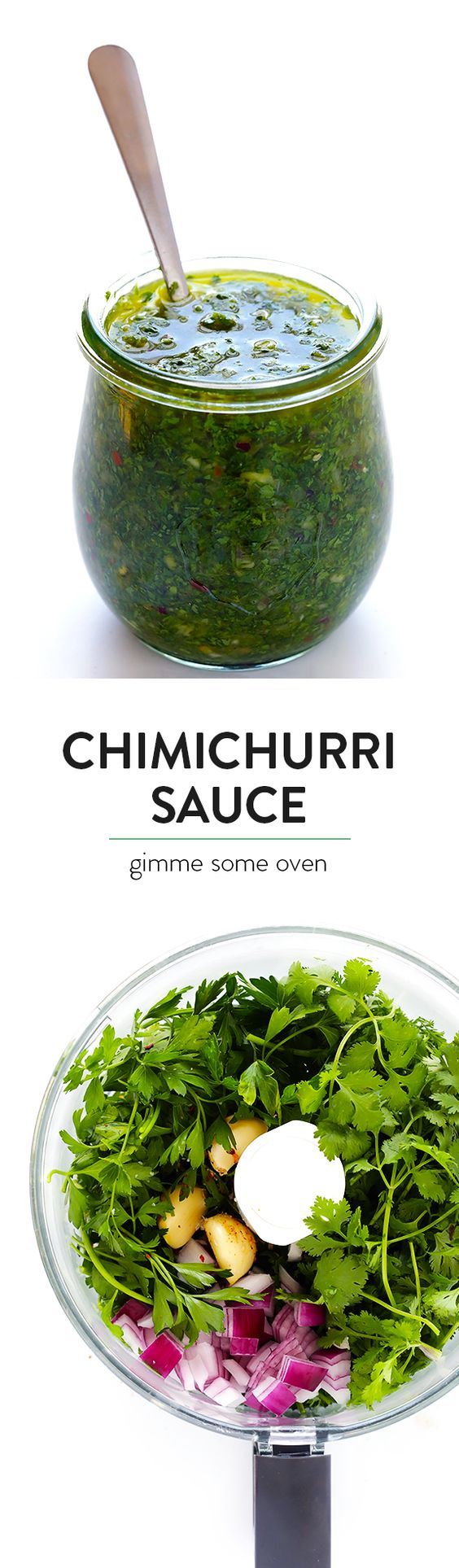 Chimichurri Sauce - Easy to make in the food processor or blender, and it's full of easy, fresh, and delicious ingredients, and it's perfect for topping seafood, steak, veggies, or whatever sounds good.
