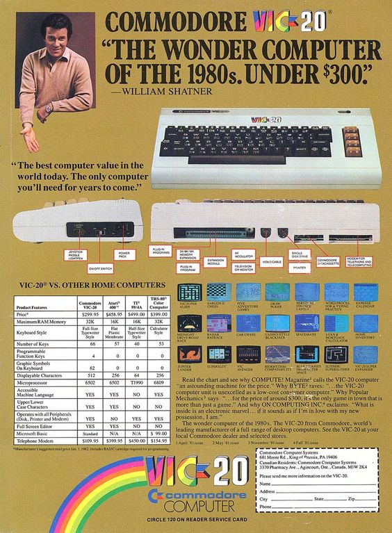 Commodore VIC-20 ad with Shatner! I'm pretty sure I remember filling out the little cut-out card on the bottom and sending it to Commodore.