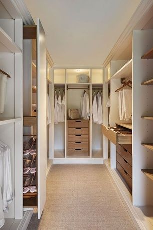Contemporary Closet with Built-in bookshelf, Carpet, Crown molding, California Closets Walk-In Closet Custom Cabinetry