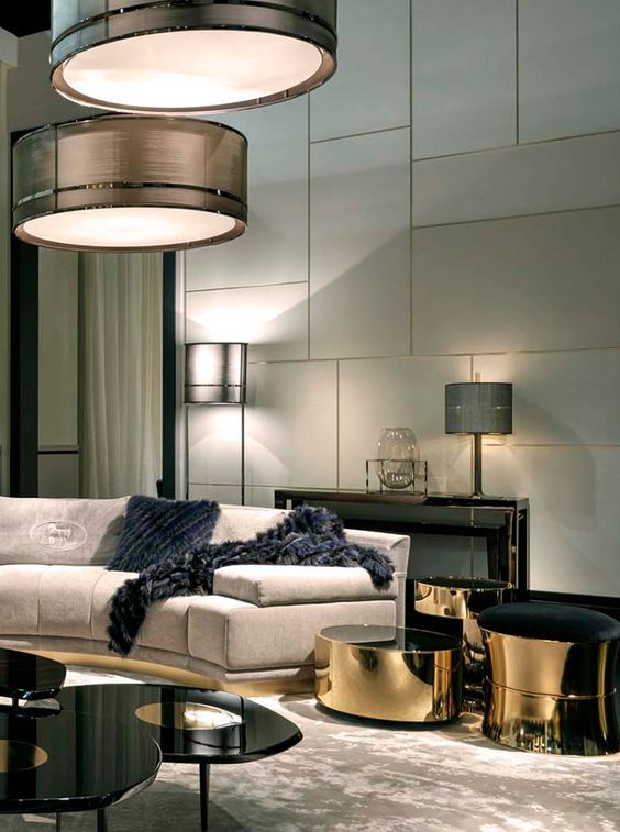 Cosy home with Fendi Casa Artù sofa and gold Constellation coffee tables #elegance #luxury #living Salone del Mobile Milano 2015