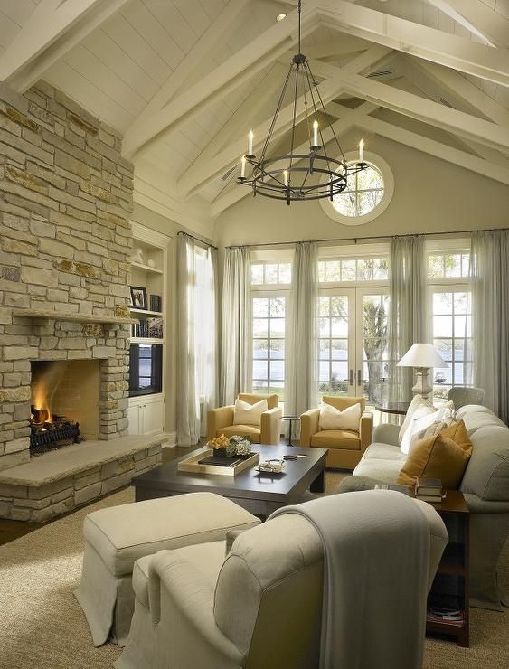 Cottage Living Room with Cathedral Ceiling