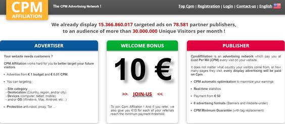 CpmAffiliation Review : The publishers must give it a try to this CPM ad network. Referral bonus - €10. Join today and start making money.