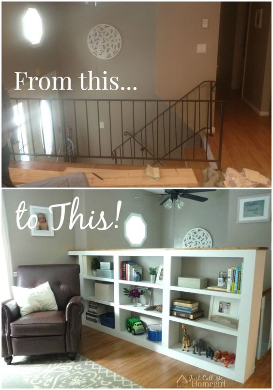 Creating a built in bookcase instead of a railing at the top of the stairs!