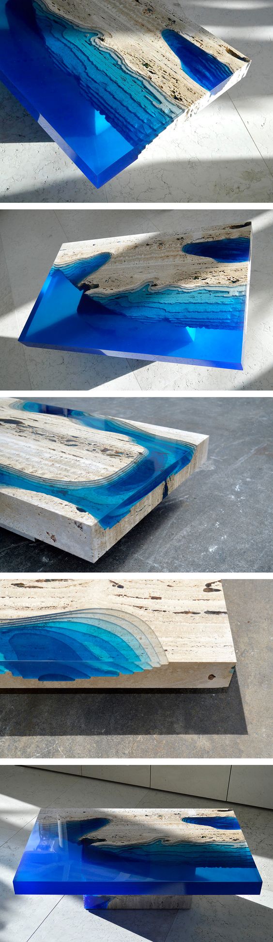 Cut Travertine Marble and Resin Merge to Create ‘Lagoon’ Tables