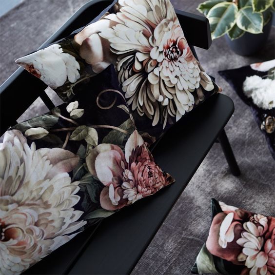 Dark Floral II Black Saturated on Velvet Cushions - by Ellie Cashman Design