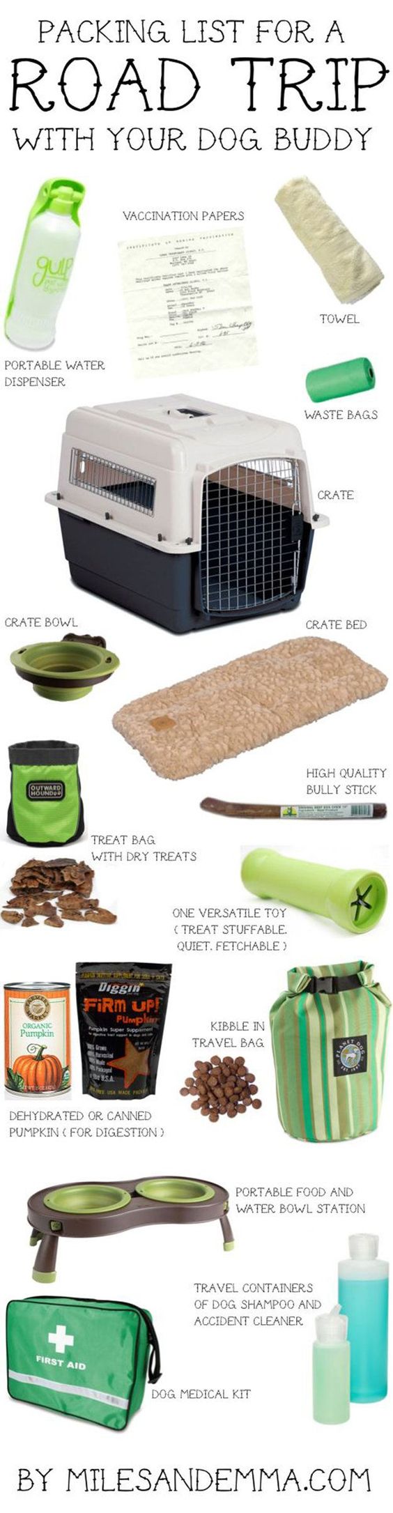 DIY Road Trip Ideas For Your Pet -- rest of the list is about other DIY road trippy stuff, but this image is a good reminder of some basics and suggests some cool-looking products that I think I want to look into for the kids