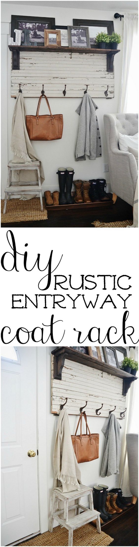 DIY rustic entryway coat rack - A super simple way to create organization in any size entryway or mud room! A must pin!