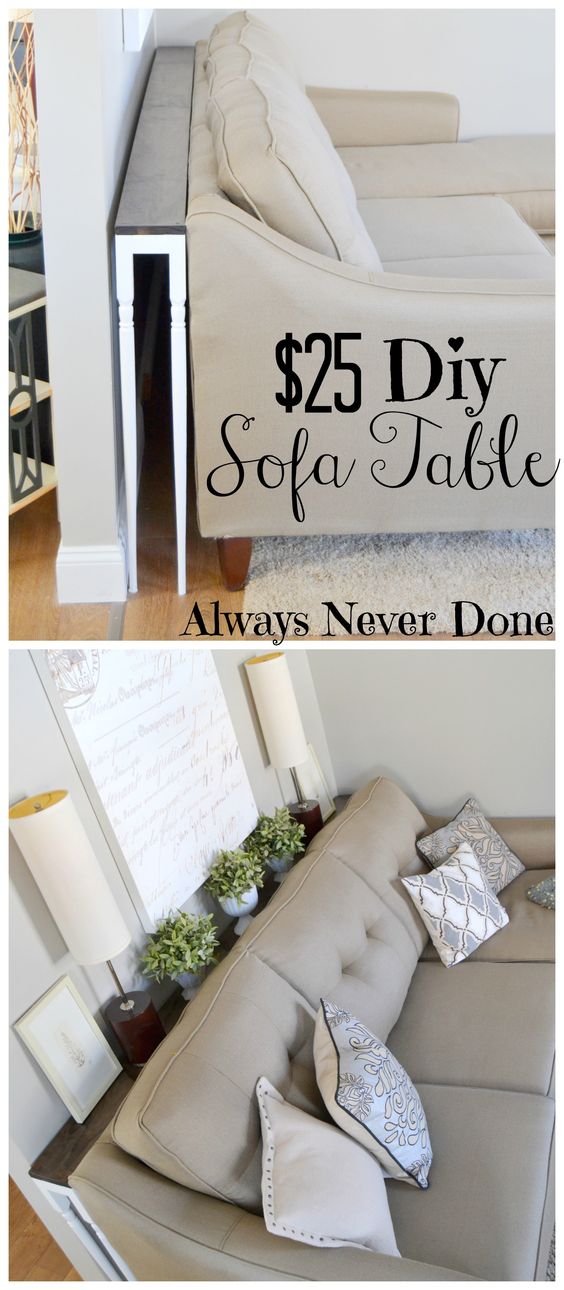 DIY Sofa Table for $25 using stair rails as  love this ides! Makes it easy to each plugs behind the couch too so they don't go to waste. Could make a charging station on it too.