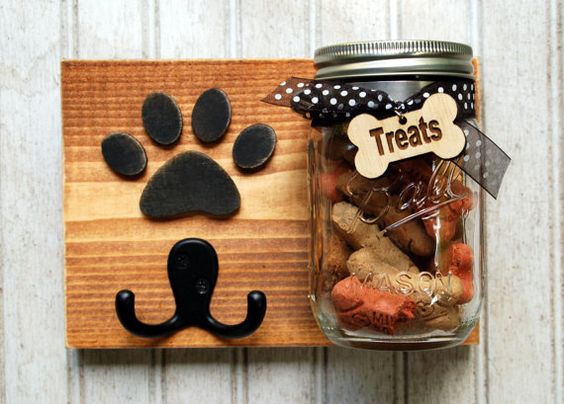 Dog treat jar with leash holder. Dog treat jar/Leash holder combination. Handmade Treat Holder