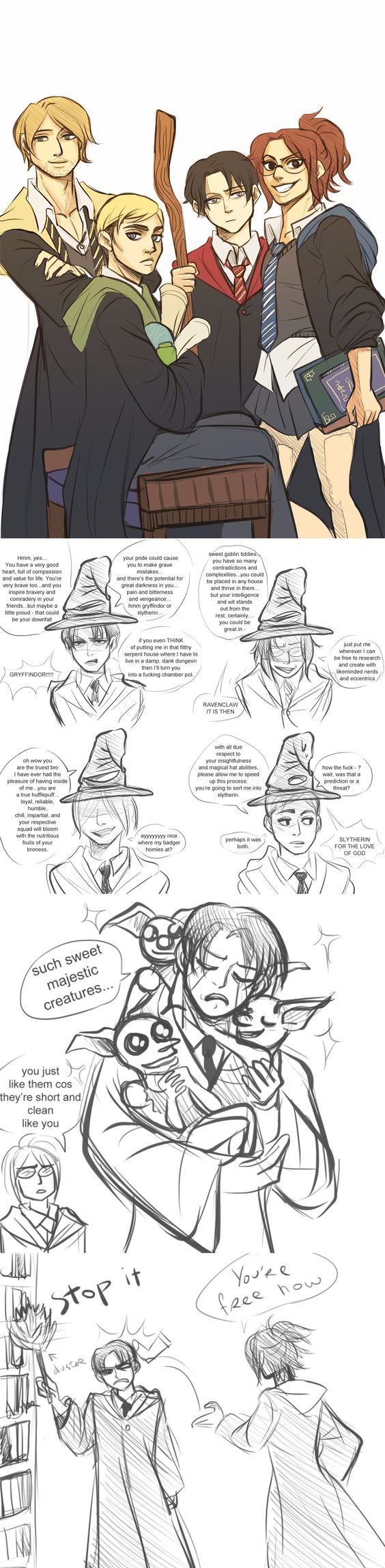 drinkyourfuckingmilk: an anon asked if I’d put erwin in slytherin or gryffindor and then this hogwarts veteran AU happened (levi feels connected to house elves)