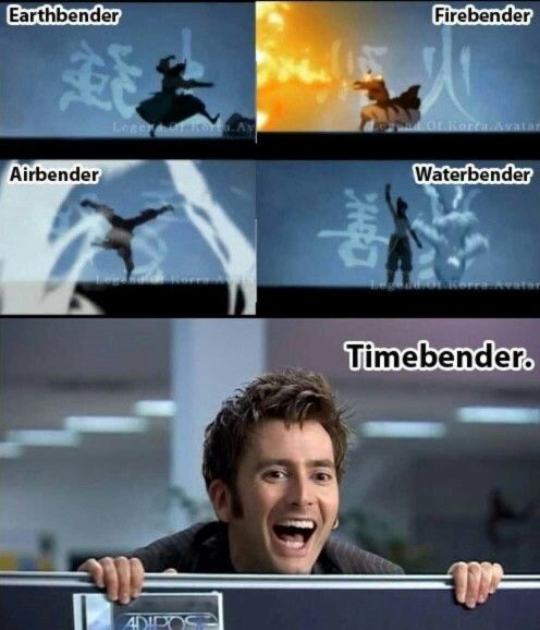 Earthbender, Firebender, Waterbender, Airbender, Timebender, funny, Avatar: the Last Airbender, text, Doctor Who, David Tennant, Time Lord, crossover; Anime
