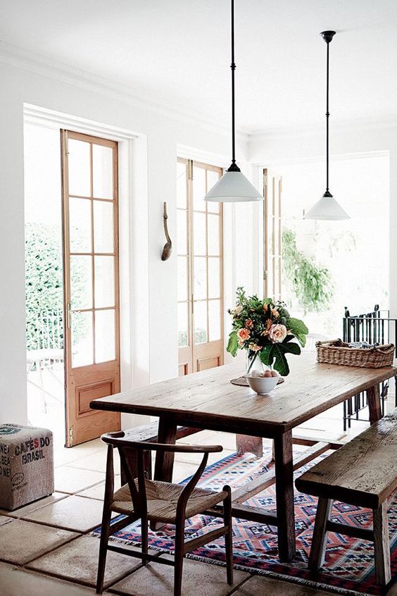 french doors and rustic dining.