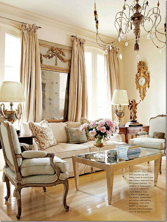 French inspired living room (for my bedroom, since this involves less altering the walls and more accenting them well)
