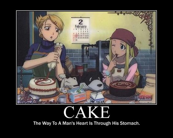 Fullmetal Alchemist. I love that Riza is decorating her cake with a red slash out sign over Roy's face.
