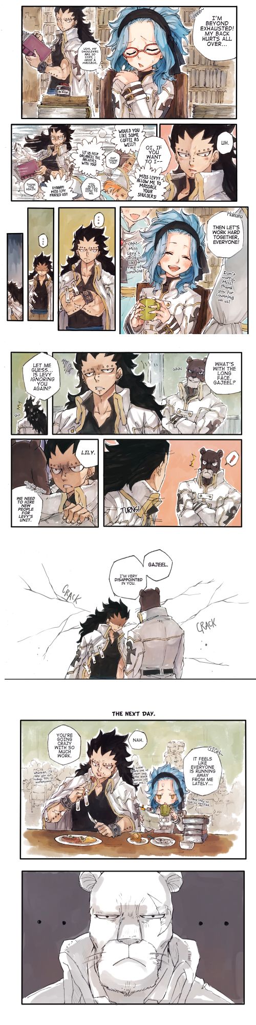 Gajeel, Levy, Lily. The look on Lily's face he's just like wow Gajeel just wow.