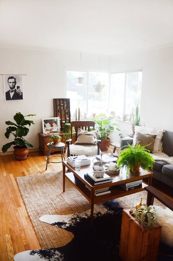 Genevieve & Ashley's Lush Shared Sanctuary. Rug, coffee table, couch, wood  this room.