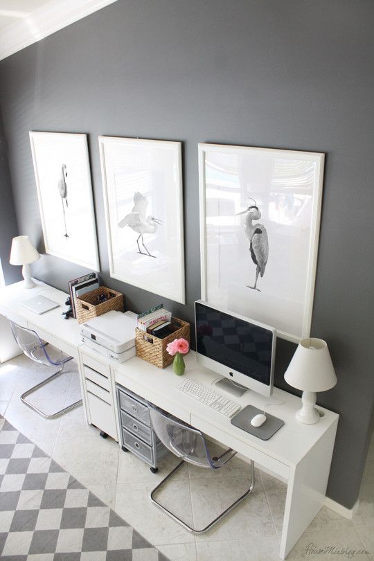 Gray and white Ikea home office for two