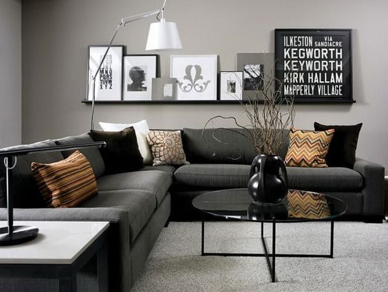 grey black white living room | Interior painting idea using gray as the base color with highlight ...
