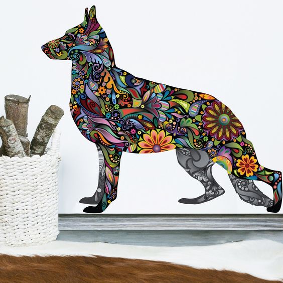 Handsome hound! This gorgeous German Shepherd Dog decal displays a rainbow of colors with its eye catching floral design! Available in multiple sizes, this playful dog-themed room decor will add flair to your home, business or workplace. This colorful German Shepherd wall sticker also makes a great gift for dog lovers of all ages! Available in these 4 sizes (in inches): Small 14w x 12h Medium  x  Large  x  (realistic dog size, 24 inches at withers) X-Large  x  
