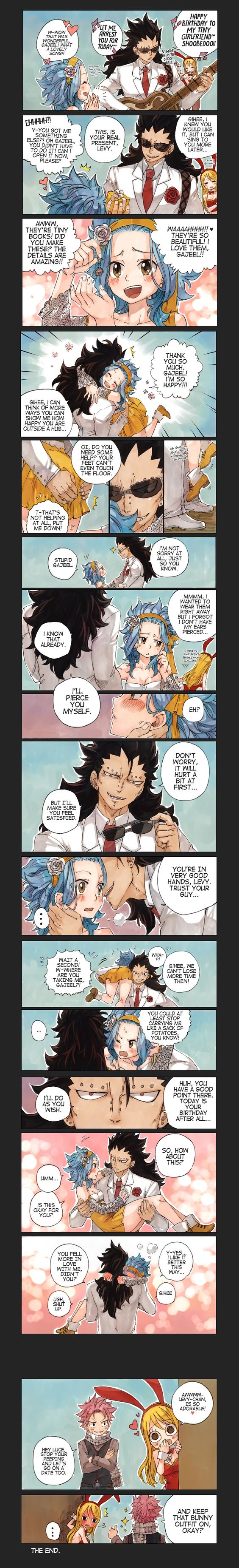 Happy Birthday, Levy Gajeel showing he’s a good boyfriend, even got Lucy to “help”. Isn’t he so charming? Hehehe. Made by Rboz | Sketchy ✖ Flavor