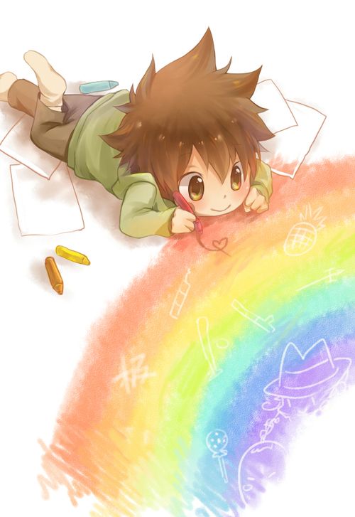 heree we see a cute chibi anime boy drawing on the floor. what a cutie.