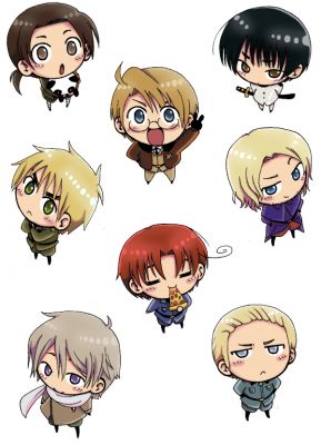 Hetalia! There's Austria, America, Japan, England, France, Russia, Italy, and Germany!