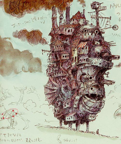 Howl’s Moving Castle Concept Art #01 Studio Ghibli/Miyazaki Background and Concept Art Series. Howl's moving castle is made out of rubbish.