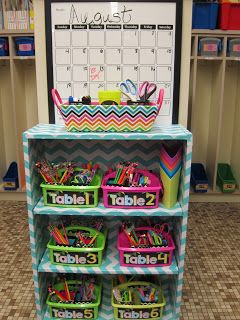 I like the idea of having desk supplies in a central location and off the  lost crayon/pencil/whatever buckets/cans would be great on top!!