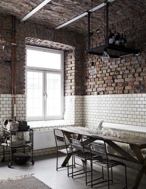 Industrial style dining space | exposed brickwork, subway tiles and bare bulb lighting - love, love, love | Sara N Bergman, photo Kristofer Johnsson