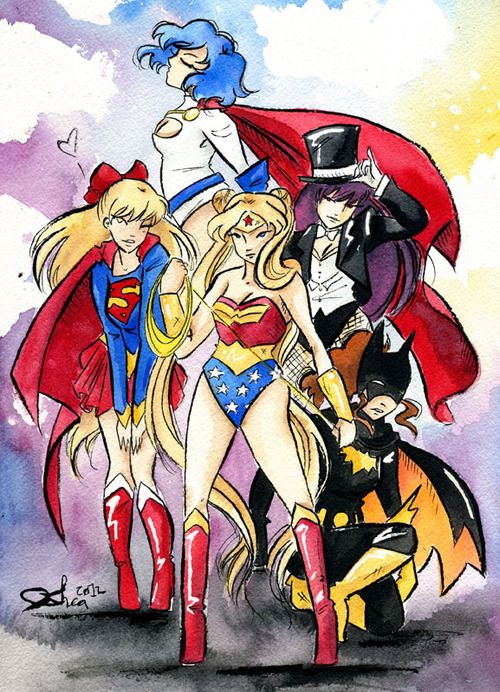 Inner Senshi as superheroes. Mercury is Power Girl, Venus is Supergirl, Mars is Zatanna, Jupiter is Batgirl and Sailor Moon is Wonder Woman.]
