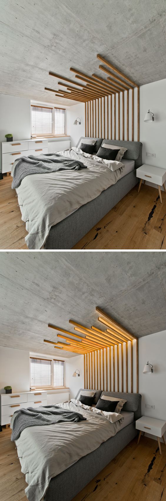 Interior architect, Indre Sunklodiene of InArch, has designed this decorative wood feature piece above the bed, in a loft in Vilnius, Lithuania. It not only creates a focal point within the bedroom, but is also functional, as it includes lighting.